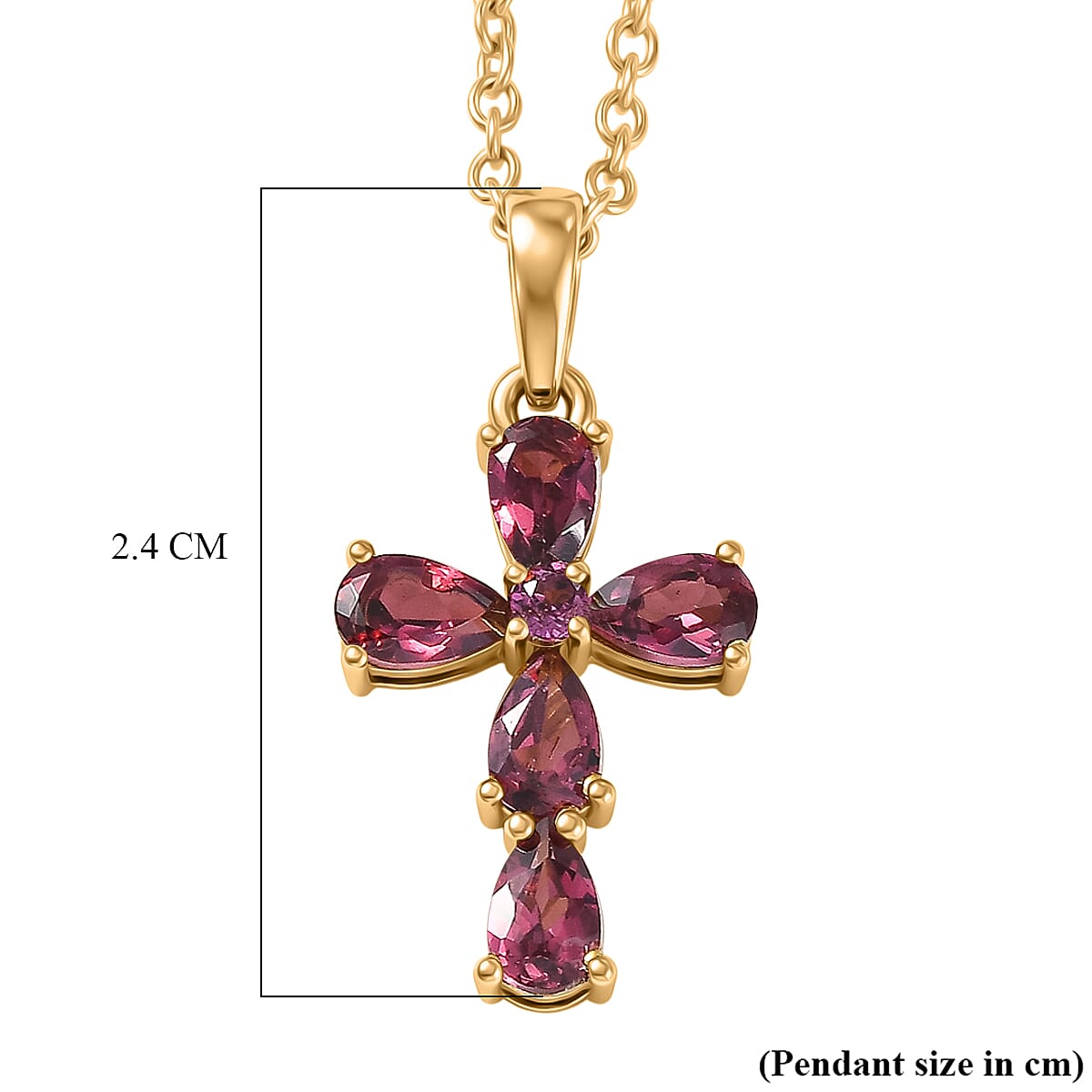 D'Joy Rhodolite Cross Pendant with Chain (Size 20) in Yellow Gold Tone 1.50 Ct.