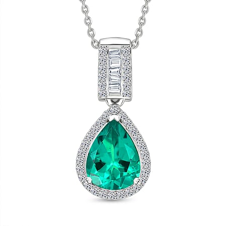 Luxuriant Lab Grown AAAA Colombian Emerald & Lab Grown Diamond (SI-GH) Pear Cut Pendant with Chain (Size 20) in Rhodium Overlay Sterling Silver 1.68 Ct.