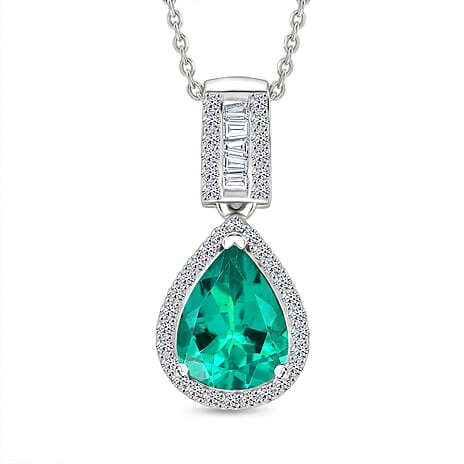 Luxuriant Lab Grown AAAA Colombian Emerald & Lab Grown Diamond (SI-GH) Pear Cut Pendant with Chain (Size 20) in Rhodium Overlay Sterling Silver 1.68 Ct.