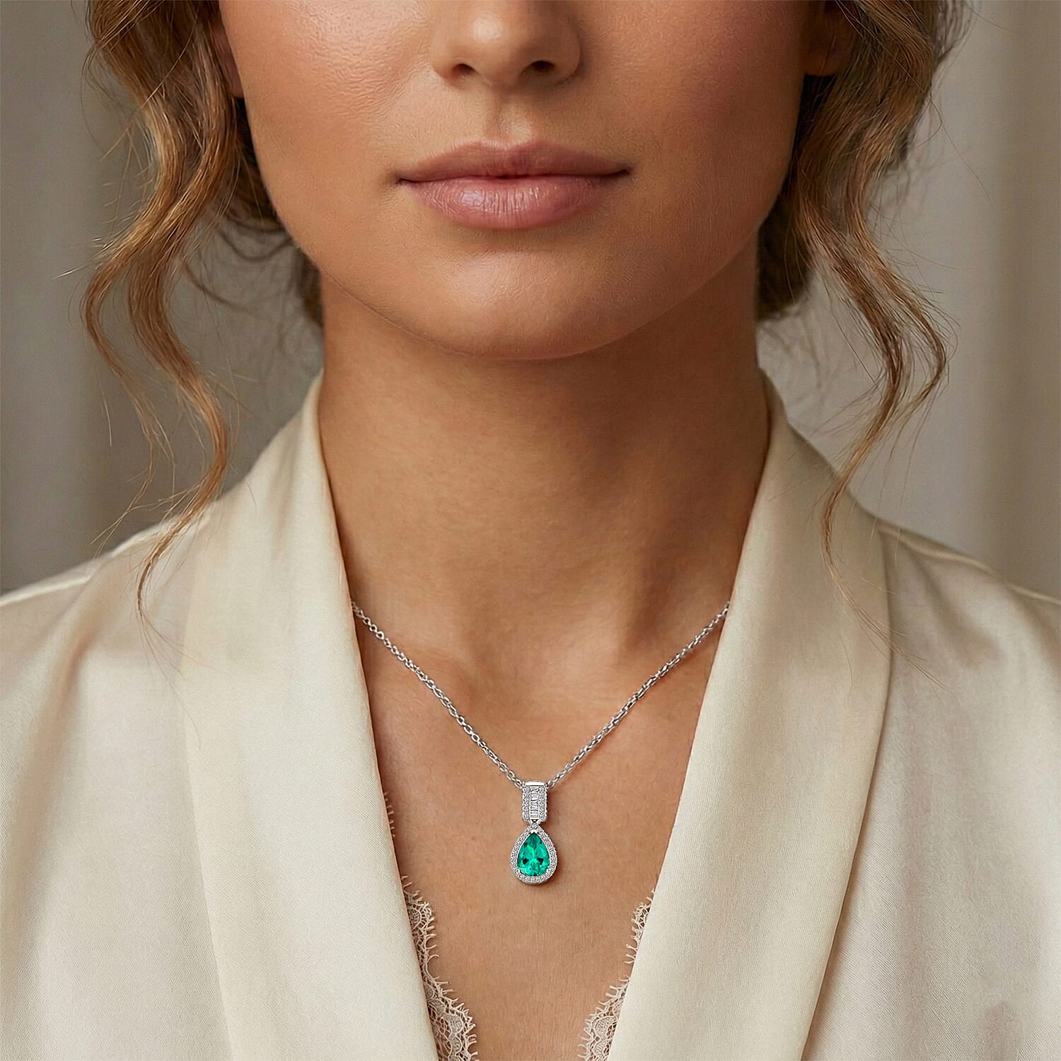 Luxuriant Lab Grown AAAA Colombian Emerald & Lab Grown Diamond (SI-GH) Pear Cut Pendant with Chain (Size 20) in Rhodium Overlay Sterling Silver 1.68 Ct.