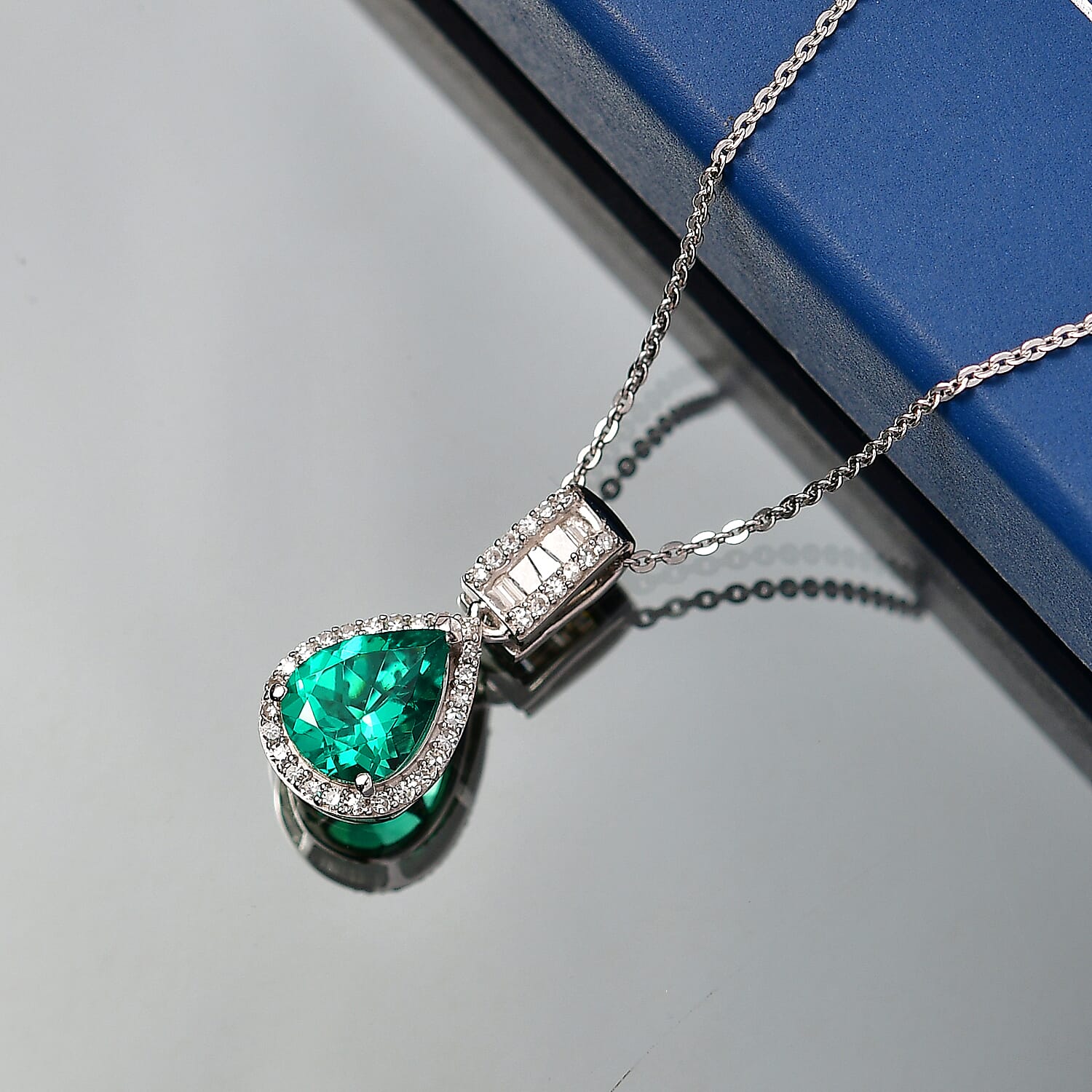 Luxuriant Lab Grown AAAA Colombian Emerald & Lab Grown Diamond (SI-GH) Pear Cut Pendant with Chain (Size 20) in Rhodium Overlay Sterling Silver 1.68 Ct.