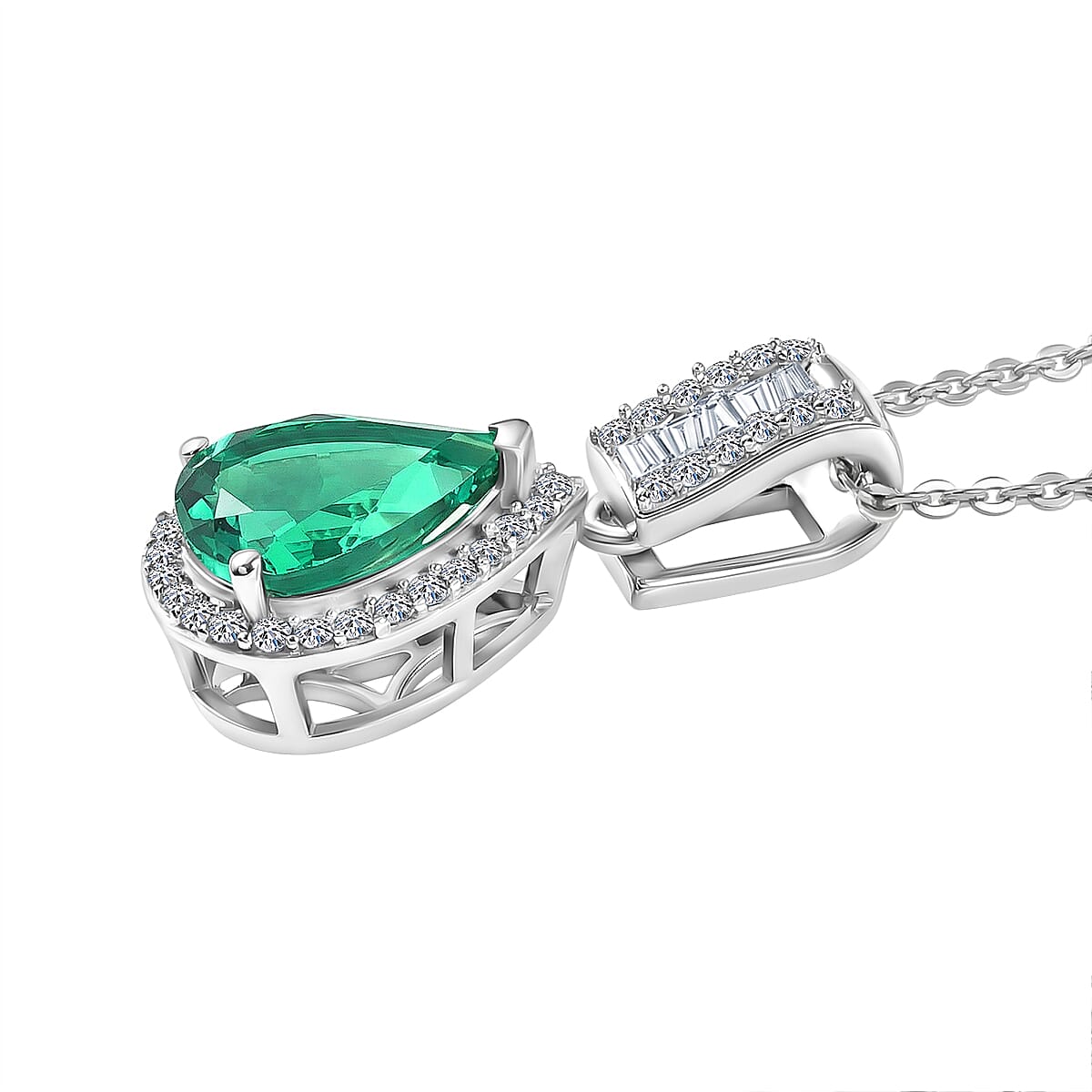 Luxuriant Lab Grown AAAA Colombian Emerald & Lab Grown Diamond (SI-GH) Pear Cut Pendant with Chain (Size 20) in Rhodium Overlay Sterling Silver 1.68 Ct.
