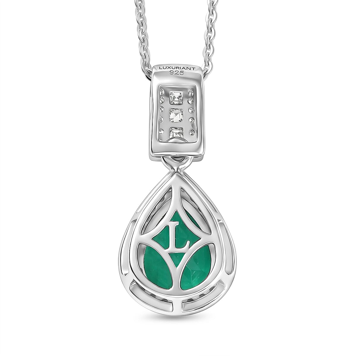 Luxuriant Lab Grown AAAA Colombian Emerald & Lab Grown Diamond (SI-GH) Pear Cut Pendant with Chain (Size 20) in Rhodium Overlay Sterling Silver 1.68 Ct.