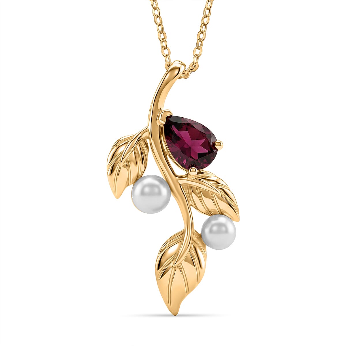 D'Joy Rhodolite Garnet & Fresh Water Pearl Pendant with Chain (Size 20)  in Yellow Gold Plated Sterling Silver 1.40 Ct, Silver Wt. 4.19 Gms
