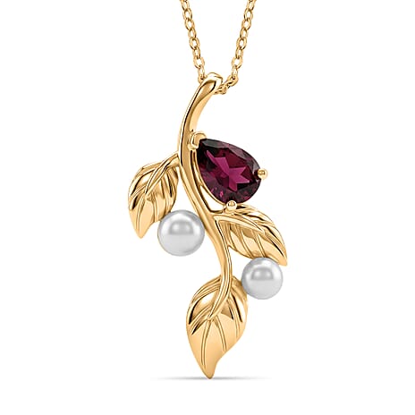 D'Joy Rhodolite Garnet & Fresh Water Pearl Pendant with Chain (Size 20)  in Yellow Gold Plated Sterling Silver 1.40 Ct, Silver Wt. 4.19 Gms