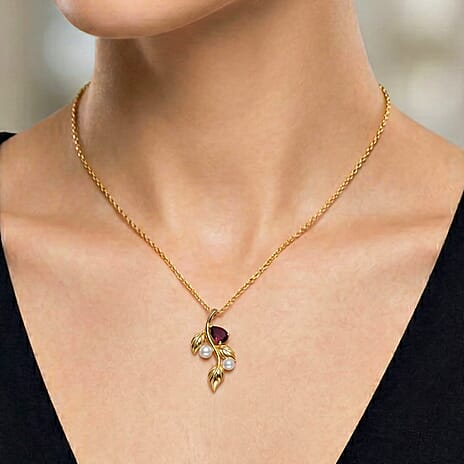 D'Joy Rhodolite Garnet & Fresh Water Pearl Leaf Vine Pendant with Chain (Size 20)  in Yellow Gold Plated Sterling Silver 1.40 Ct, Silver Wt. 4.19 Gms