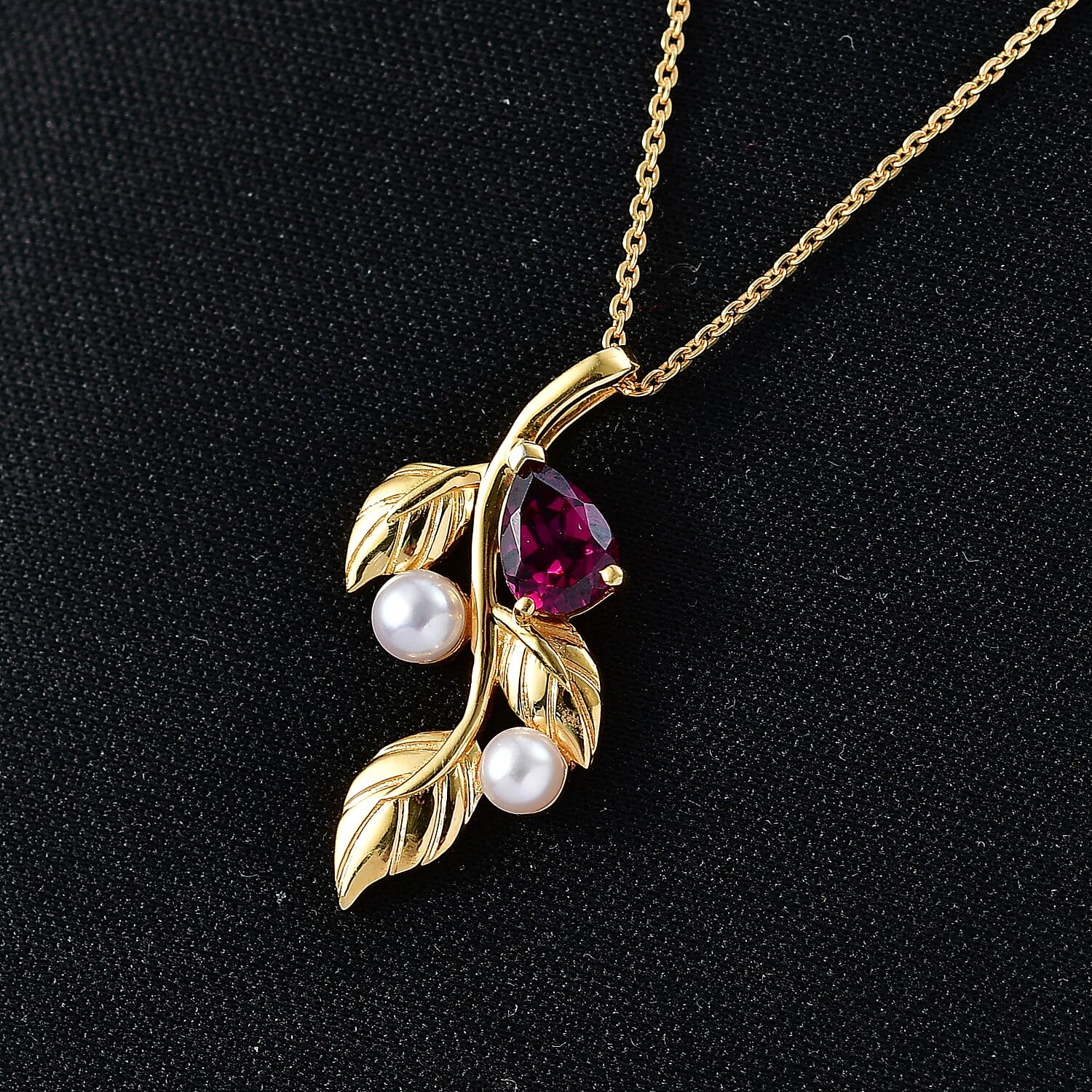 D'Joy Rhodolite Garnet & Fresh Water Pearl Pendant with Chain (Size 20)  in Yellow Gold Plated Sterling Silver 1.40 Ct, Silver Wt. 4.19 Gms