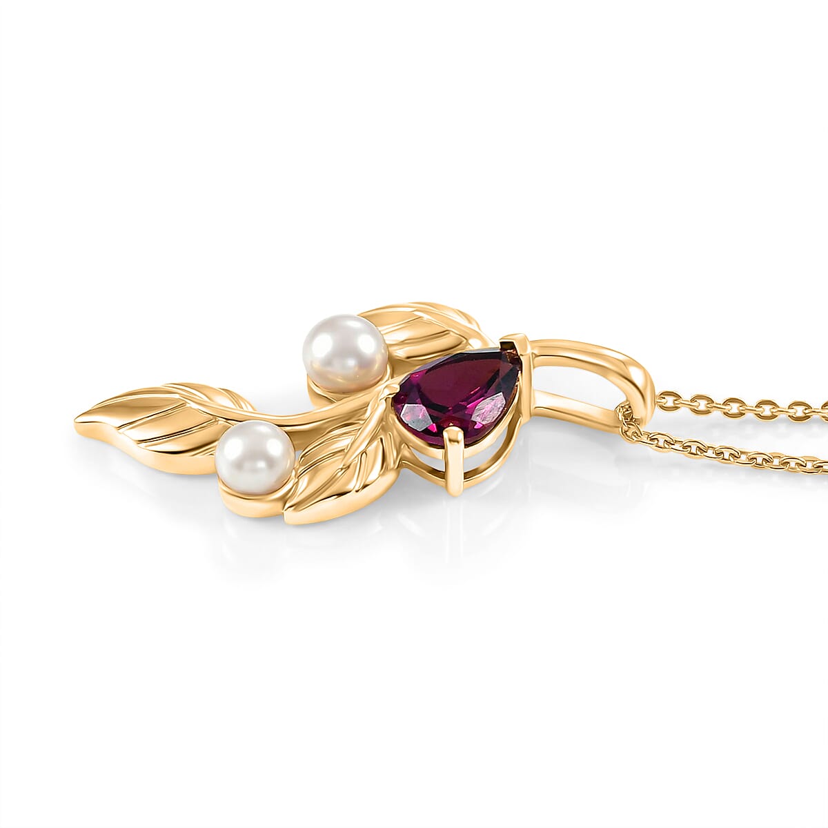 D'Joy Rhodolite Garnet & Fresh Water Pearl Pendant with Chain (Size 20)  in Yellow Gold Plated Sterling Silver 1.40 Ct, Silver Wt. 4.19 Gms