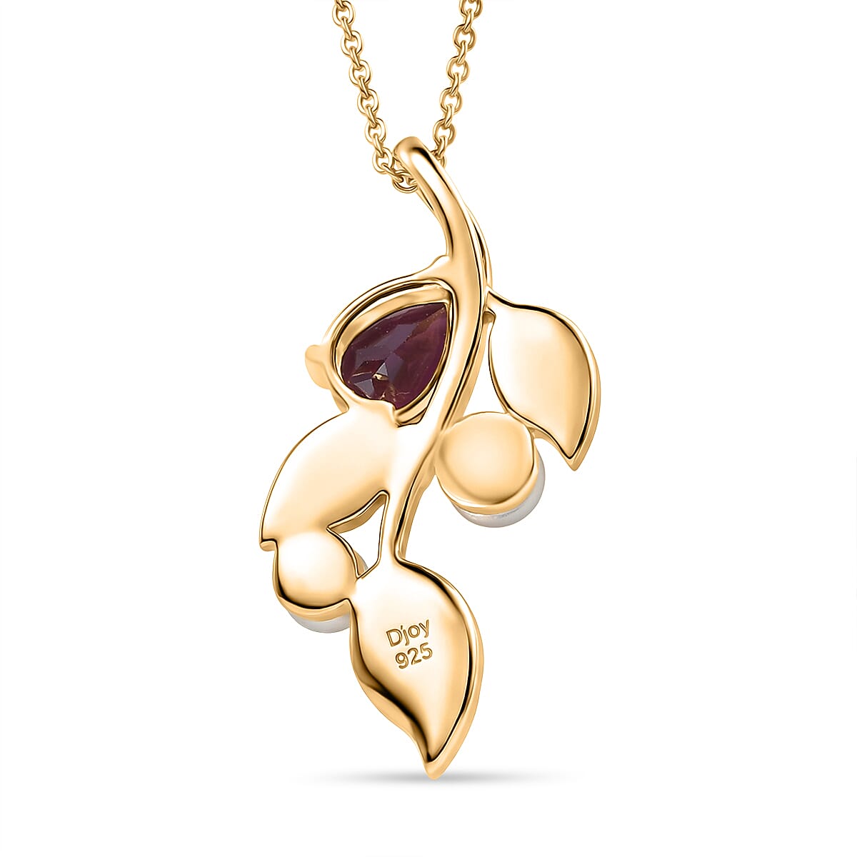 D'Joy Rhodolite Garnet & Fresh Water Pearl Pendant with Chain (Size 20)  in Yellow Gold Plated Sterling Silver 1.40 Ct, Silver Wt. 4.19 Gms