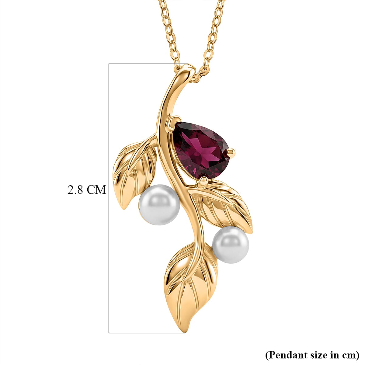 D'Joy Rhodolite Garnet & Fresh Water Pearl Pendant with Chain (Size 20)  in Yellow Gold Plated Sterling Silver 1.40 Ct, Silver Wt. 4.19 Gms