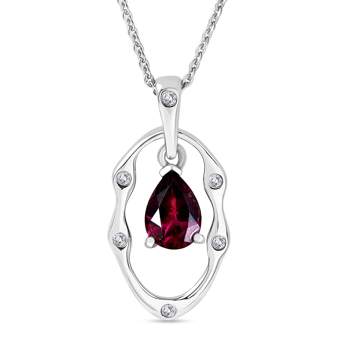 D'Joy Rhodolite Garnet & White Zircon Pendant with Chain (Size 20) in Platinum Overlay Sterling Silver 0.95 Ct.