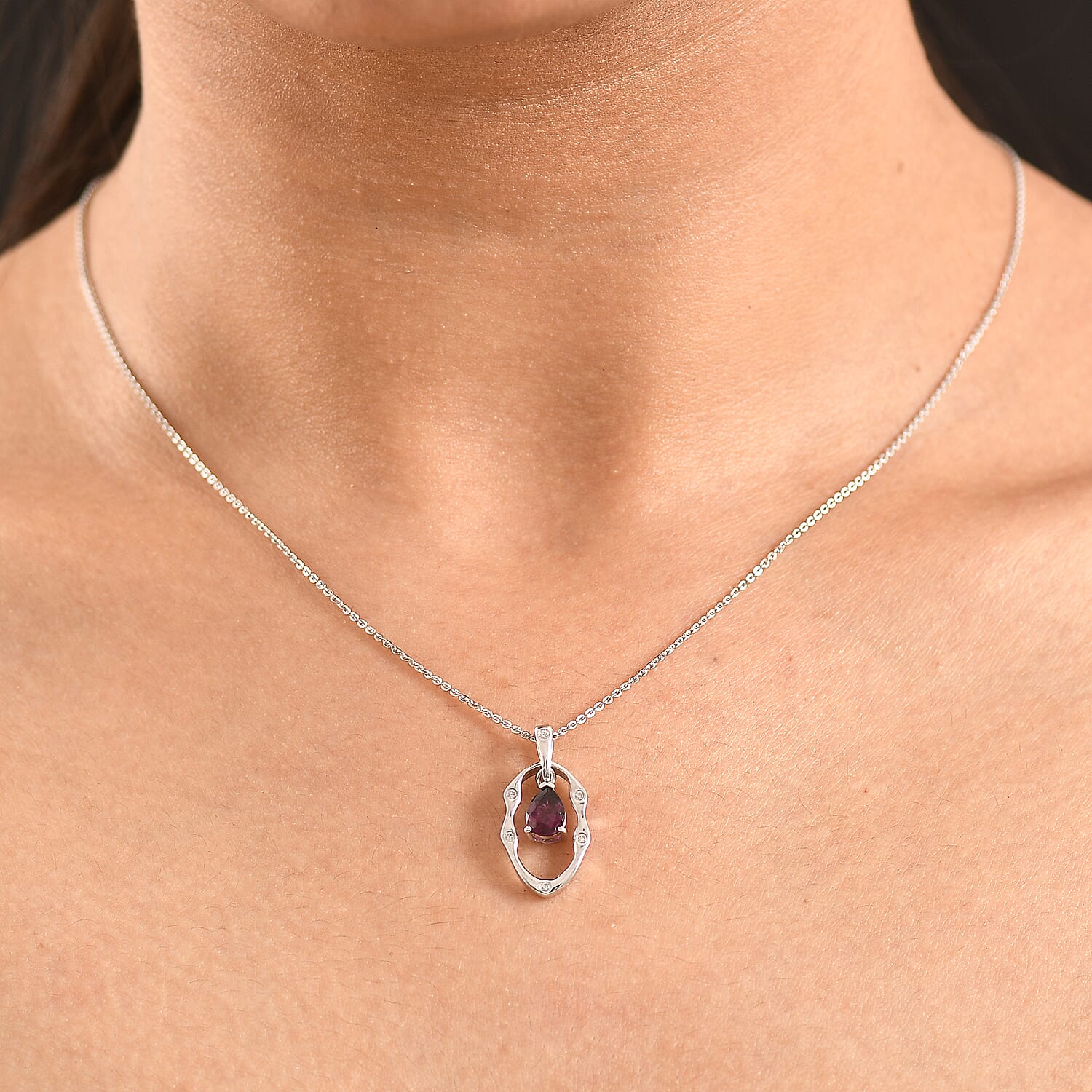 D'Joy Rhodolite Garnet & White Zircon Pendant with Chain (Size 20) in Platinum Overlay Sterling Silver 0.95 Ct.