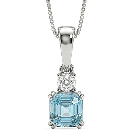 LUXURIANT Blue Zircon, Lab Grown Diamond Emerald-Cut Solitaire Pendant with Chain (Size 20) and Spring Ring Clasp in Rhodium Overlay Sterling Silver 1.50 Ct.