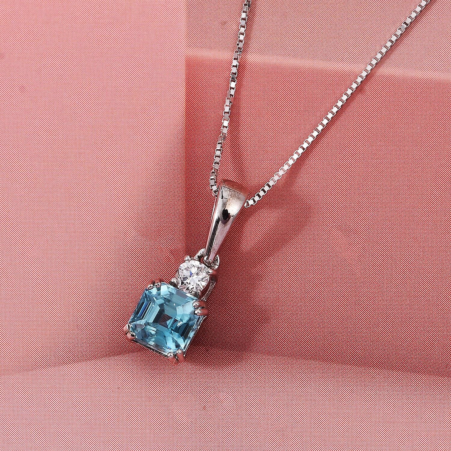 Luxuriant - Blue Zircon & Lab Grown Diamond Emerald-Cut Solitaire Pendant with Chain (Size 20) & Spring Ring Clasp in Rhodium Overlay Sterling Silver 1.50 Ct.