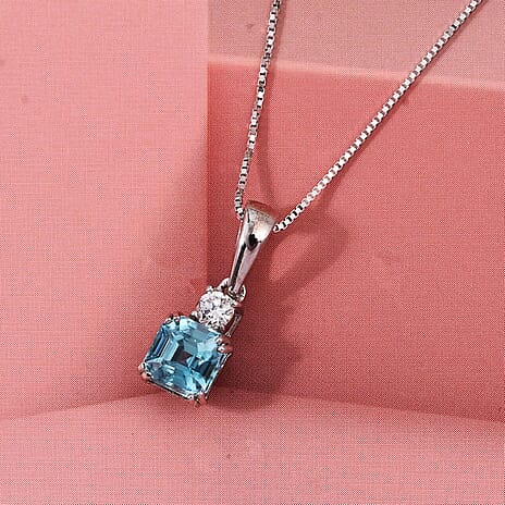 Luxuriant - Blue Zircon & Lab Grown Diamond Emerald-Cut Solitaire Pendant with Chain (Size 20) & Spring Ring Clasp in Rhodium Overlay Sterling Silver 1.50 Ct.