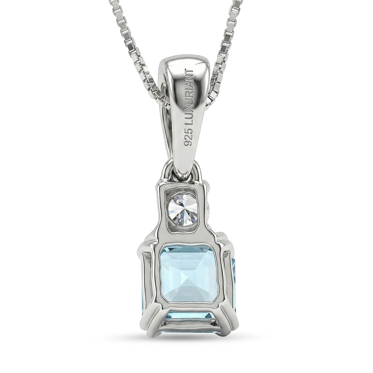 Luxuriant - Blue Zircon & Lab Grown Diamond Emerald-Cut Solitaire Pendant with Chain (Size 20) & Spring Ring Clasp in Rhodium Overlay Sterling Silver 1.50 Ct.
