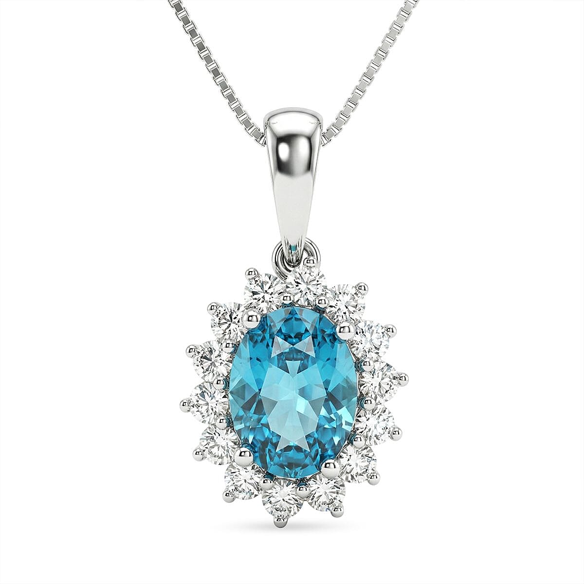 Ratanakiri Blue Zircon (Oval 2.00 Cts) and Lab Grown Diamond ( 0.43 Cts)  Pendant  in Rhodium Overlay Sterling Silver 2.43 Ct.