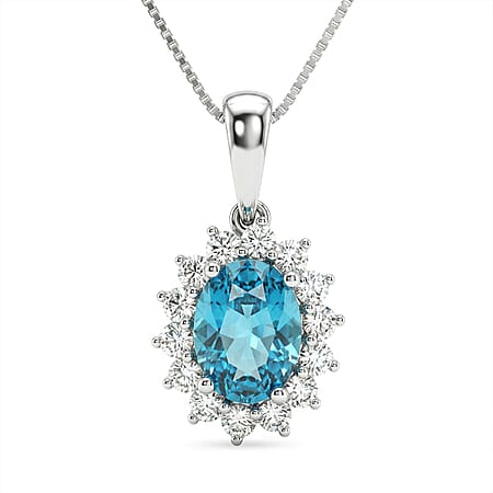 LUXURIANT Ratanakiri Blue Zircon (Oval 2.00 Cts) and Lab Grown Diamond ( 0.43 Cts) Halo Pendant in Rhodium Overlay Sterling Silver 2.43 Ct.
