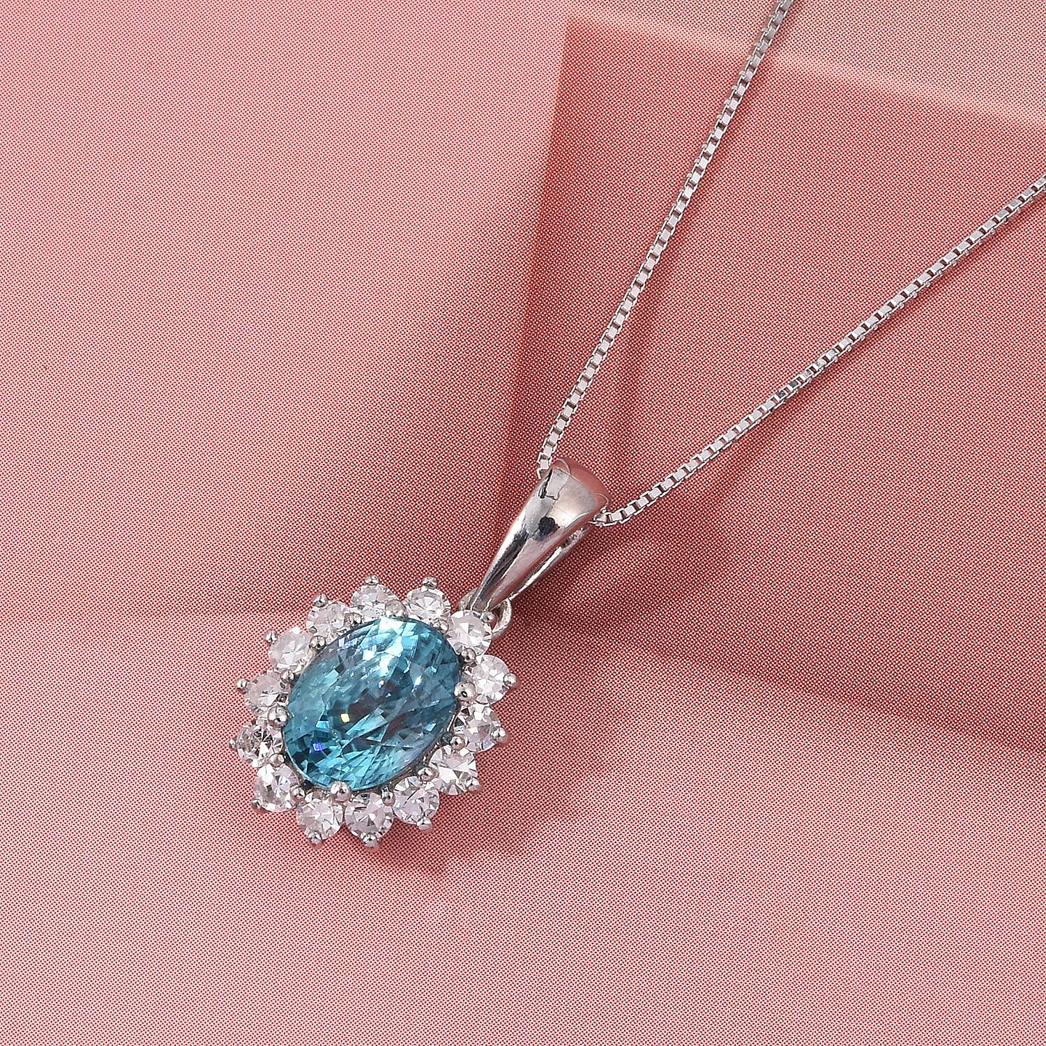 Ratanakiri Blue Zircon (Oval 2.00 Cts) and Lab Grown Diamond ( 0.43 Cts)  Pendant  in Rhodium Overlay Sterling Silver 2.43 Ct.