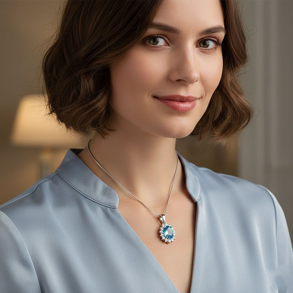 Ratanakiri Blue Zircon (Oval 2.00 Cts) and Lab Grown Diamond ( 0.43 Cts)  Pendant  in Rhodium Overlay Sterling Silver 2.43 Ct.