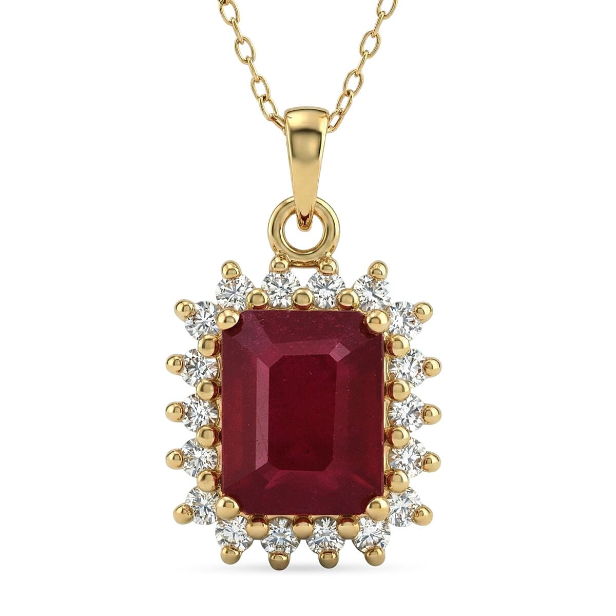 Premier African Ruby (4.5 Ct.) & Lab Grown Diamond SI- GH (0.60 Ct.) Halo Pendant with Chain (Size 20) in 18K Vermeil Yellow Gold Plated Sterling Silver 5.21 Ct.