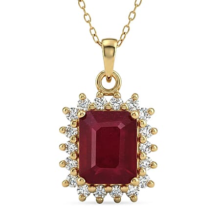 Premier African Ruby, Lab Grown Diamond Halo Pendant with Chain (Size 20) in 18K Vermeil Yellow Gold Plated Sterling Silver 5.21 Ct. (SI/G-H)