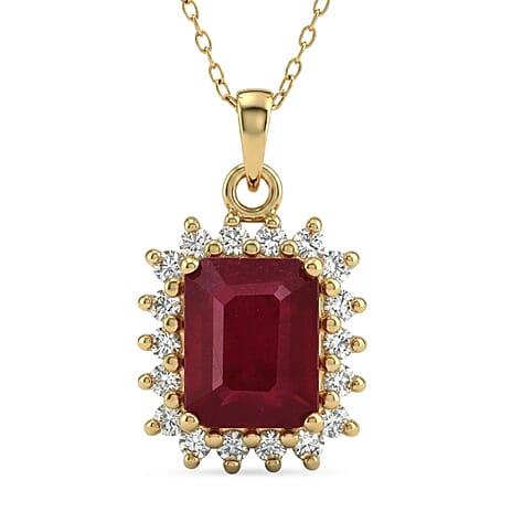 Premier African Ruby (4.5 Ct.) & Lab Grown Diamond SI- GH (0.60 Ct.) Halo Pendant with Chain (Size 20) in 18K Vermeil Yellow Gold Plated Sterling Silver 5.21 Ct.