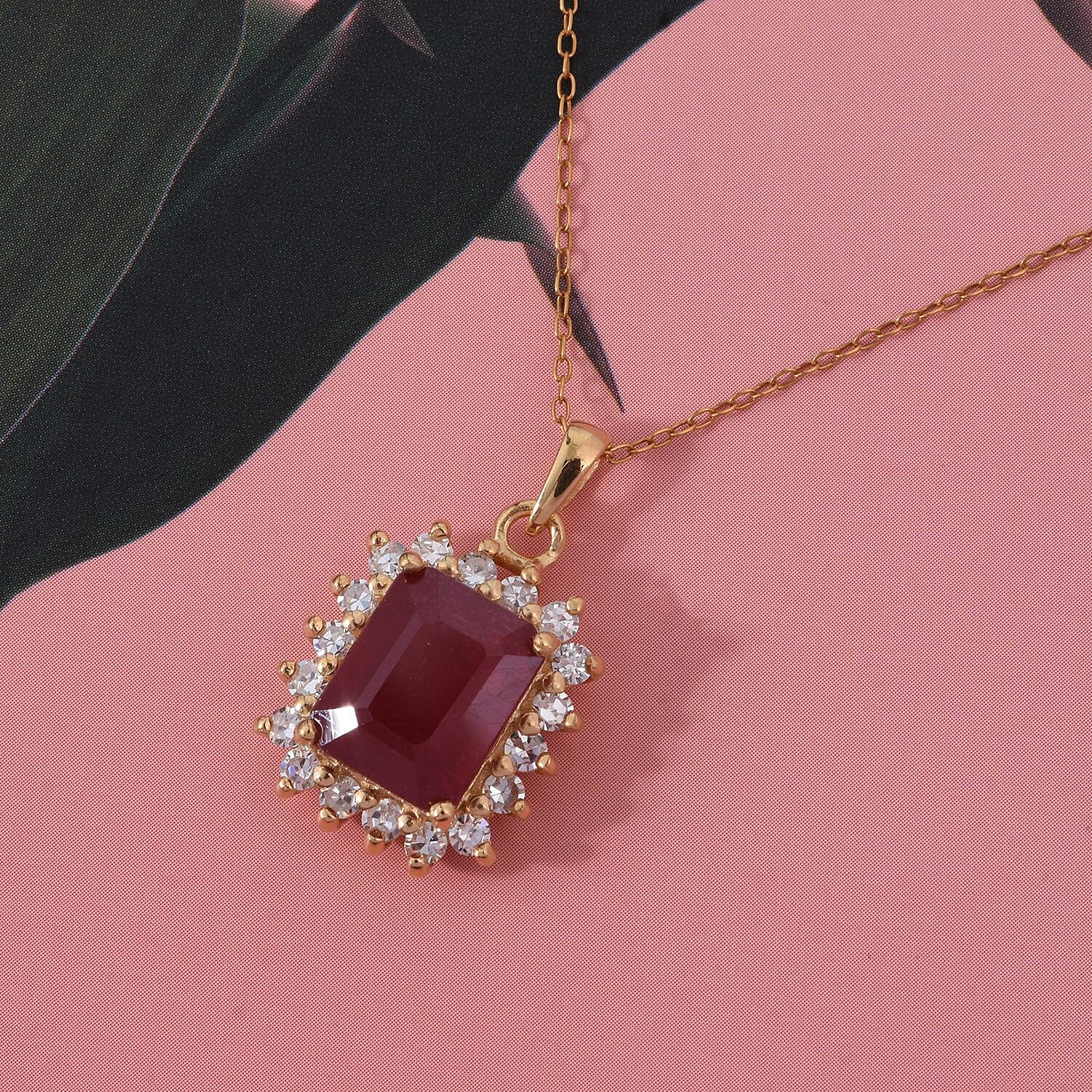 Premier African Ruby (4.5 Ct.) & Lab Grown Diamond SI- GH (0.60 Ct.) Halo Pendant with Chain (Size 20) in 18K Vermeil Yellow Gold Plated Sterling Silver 5.21 Ct.