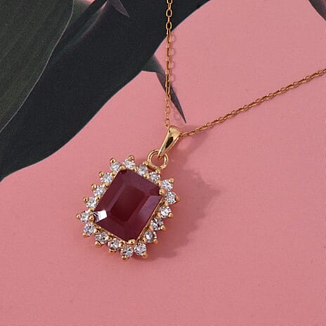 Premier African Ruby (4.5 Ct.) & Lab Grown Diamond SI- GH (0.60 Ct.) Halo Pendant with Chain (Size 20) in 18K Vermeil Yellow Gold Plated Sterling Silver 5.21 Ct.