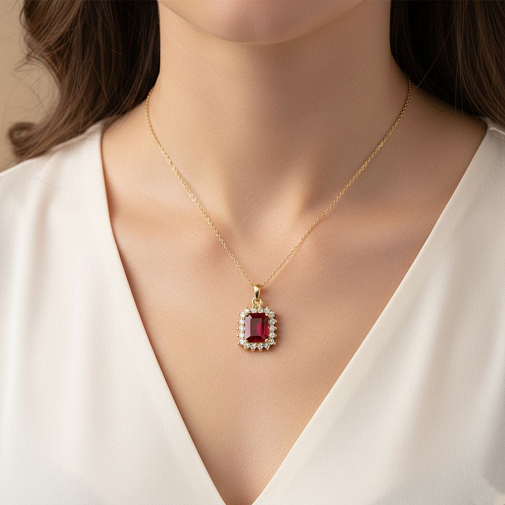 Premier African Ruby (4.5 Ct.) & Lab Grown Diamond SI- GH (0.60 Ct.) Halo Pendant with Chain (Size 20) in 18K Vermeil Yellow Gold Plated Sterling Silver 5.21 Ct.