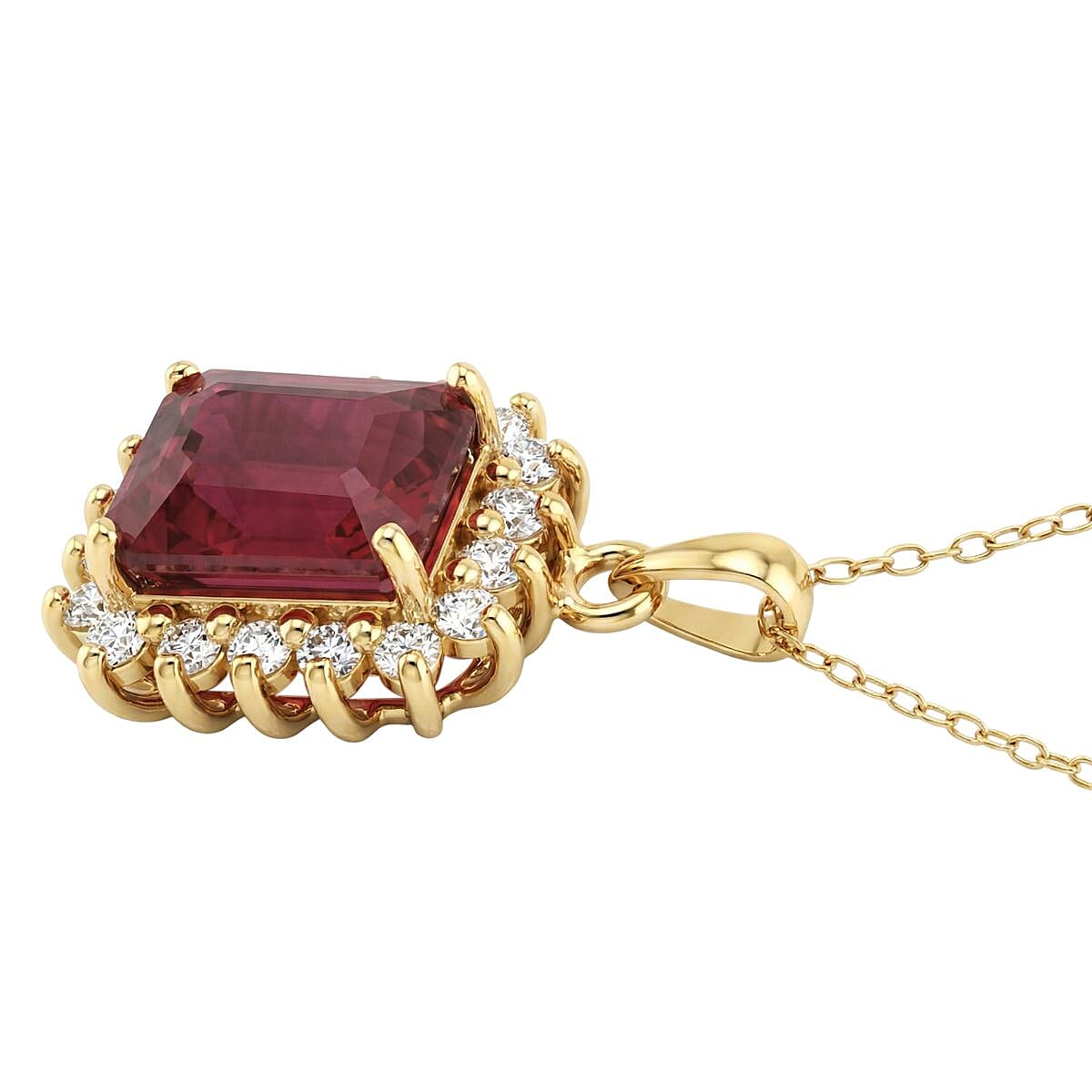 Premier African Ruby (4.5 Ct.) & Lab Grown Diamond SI- GH (0.60 Ct.) Halo Pendant with Chain (Size 20) in 18K Vermeil Yellow Gold Plated Sterling Silver 5.21 Ct.