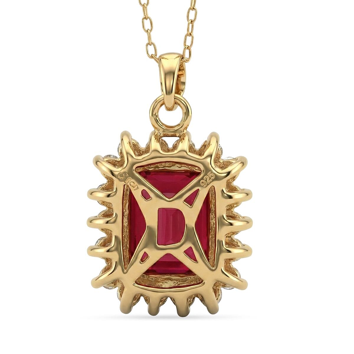 Premier African Ruby (4.5 Ct.) & Lab Grown Diamond SI- GH (0.60 Ct.) Halo Pendant with Chain (Size 20) in 18K Vermeil Yellow Gold Plated Sterling Silver 5.21 Ct.
