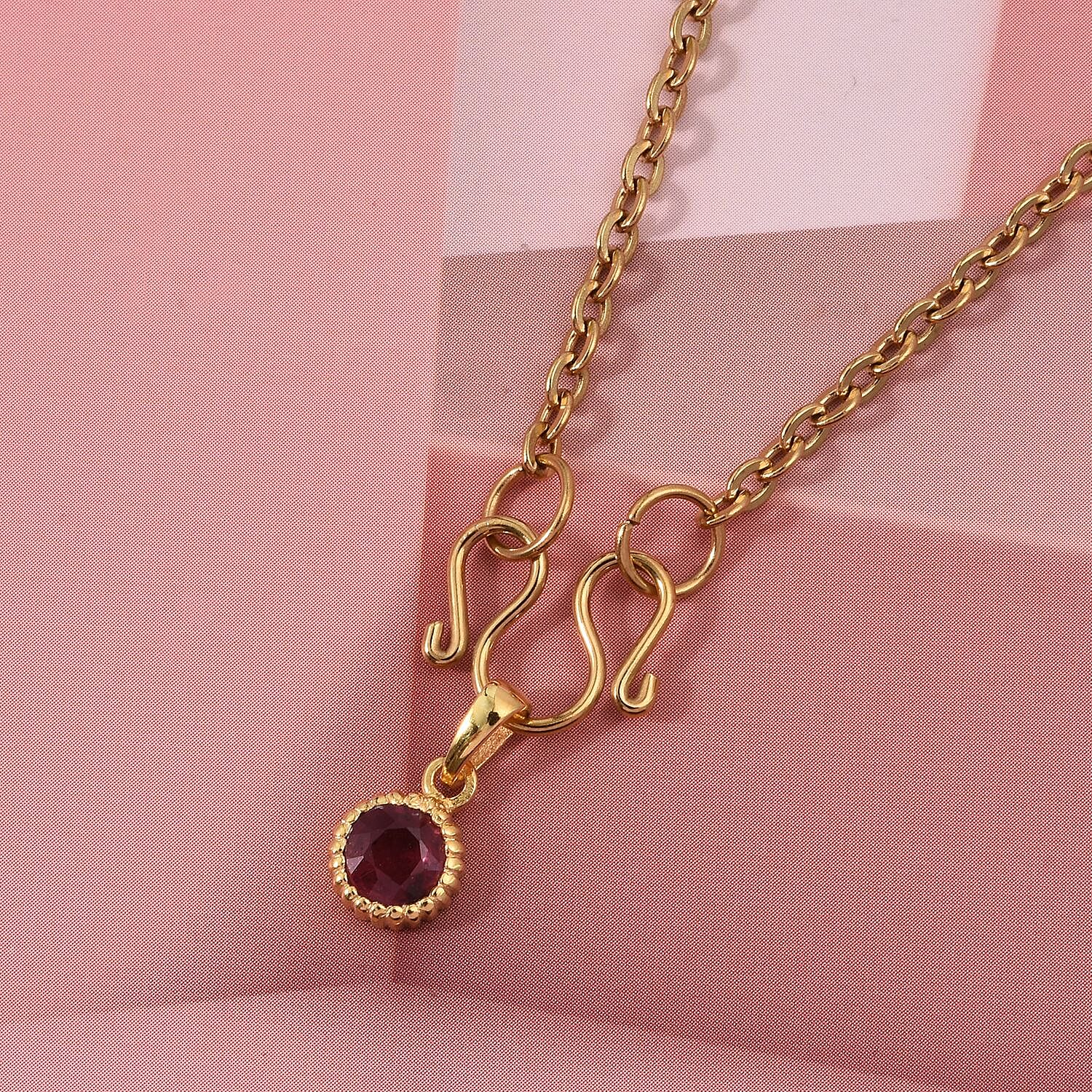 D'Joy African Ruby Scroll Link Drop Pendant with Chain (Size 20) in Yellow Gold Tone
