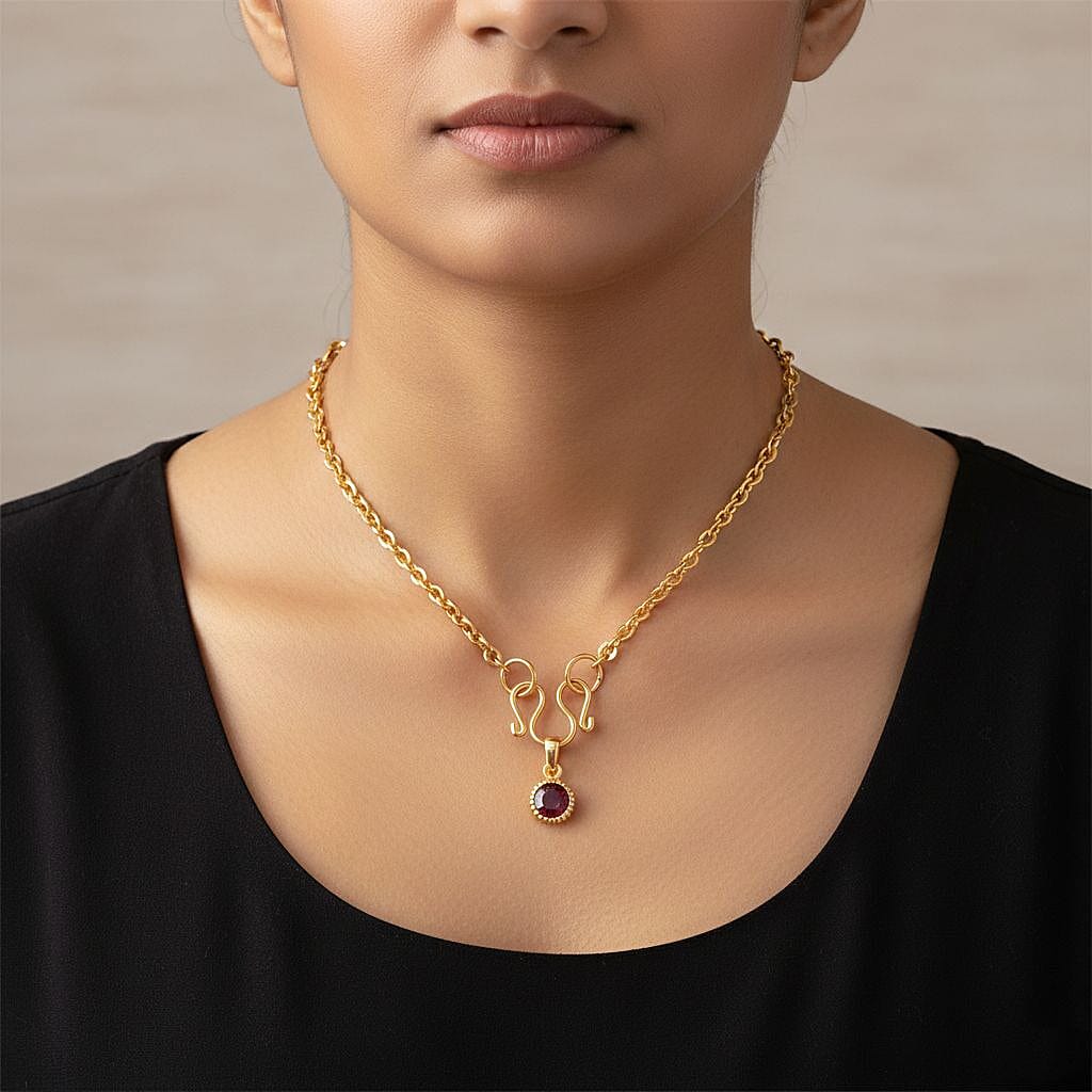 D'Joy African Ruby Scroll Link Drop Pendant with Chain (Size 20) in Yellow Gold Tone