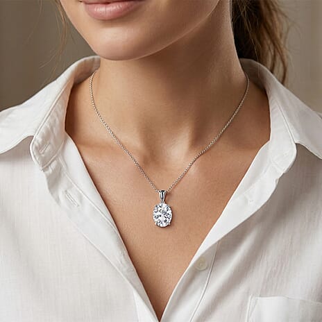 Moissanite Solitaire Pendant with Chain (Size 18) in Rhodium Overlay Sterling Silver 10.00 Ct.