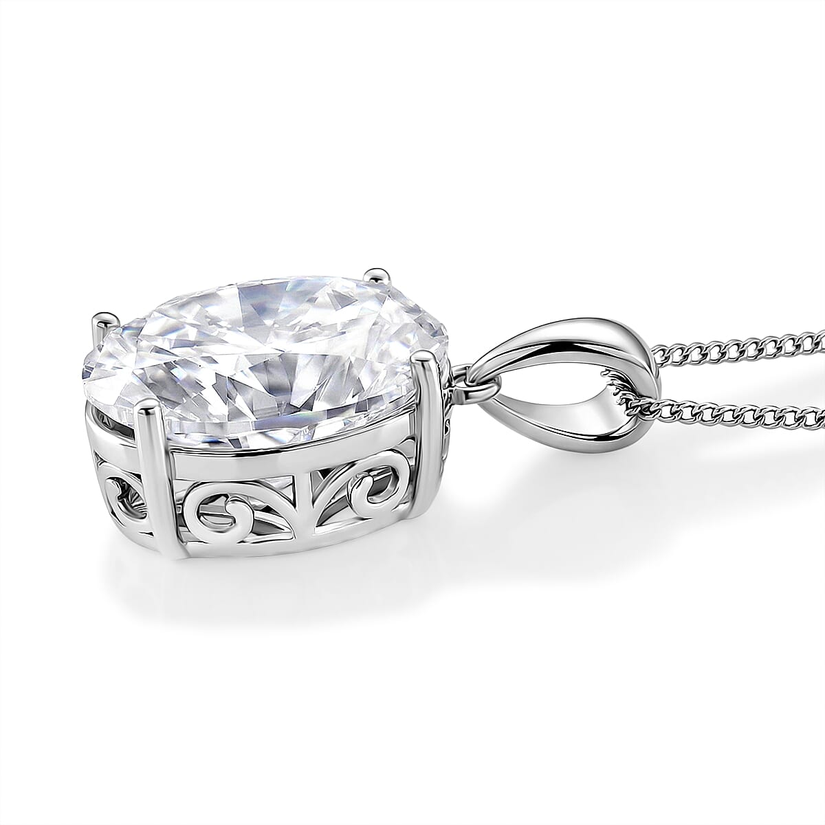 Moissanite Solitaire Pendant with Chain (Size 18) in Rhodium Overlay Sterling Silver 10.00 Ct.