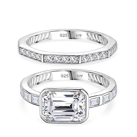 Set of 2 - D'Joy GRA Certified Moissanite D-VVS1 Ring in Rhodium Overlay Sterling Silver 3.20 Ct.