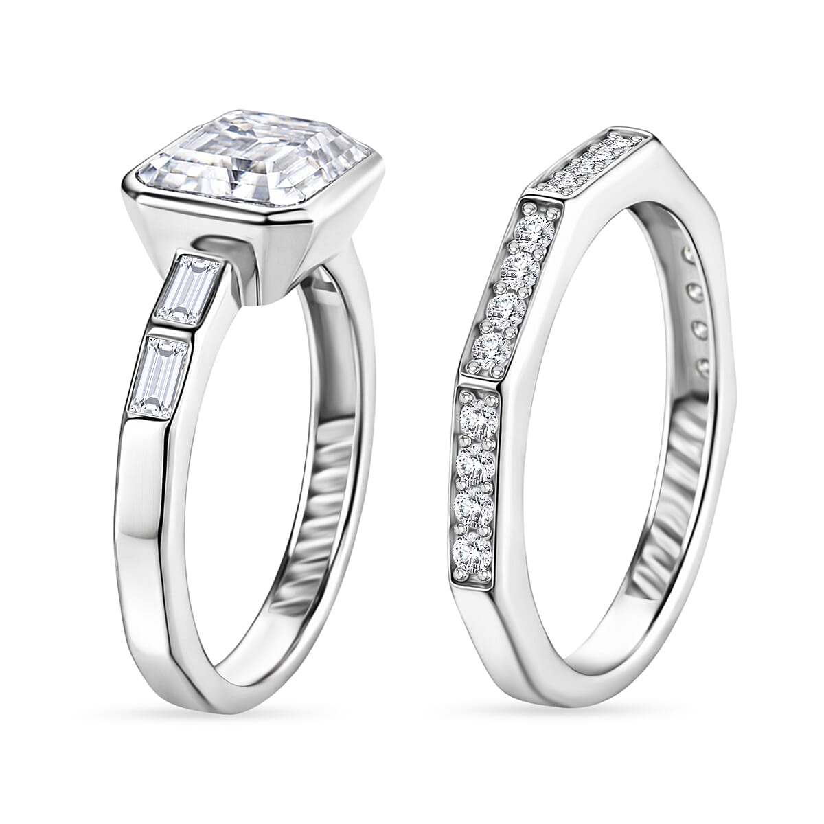 Set of 2 - D'Joy GRA Certified Moissanite D-VVS1 Ring in Rhodium Overlay Sterling Silver 3.20 Ct.