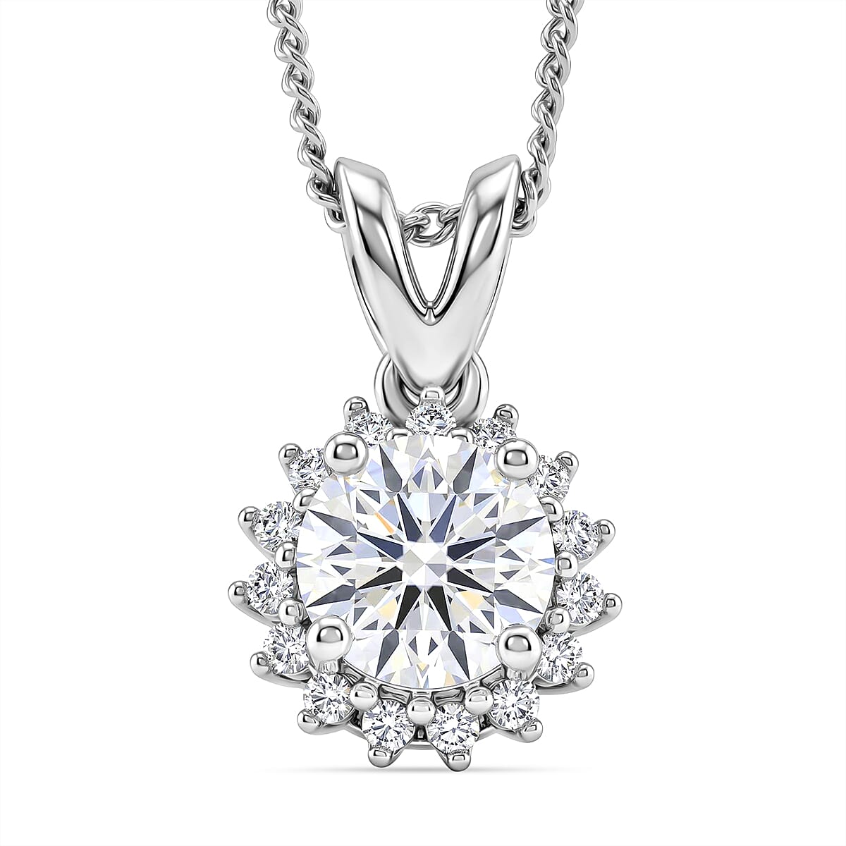 D'Joy Moissanite GRA Certified Double Halo Hearts & Arrows Cut Pendant with Chain (Size 18) in Rhodium Overlay Sterling Silver 1.20 Ct.