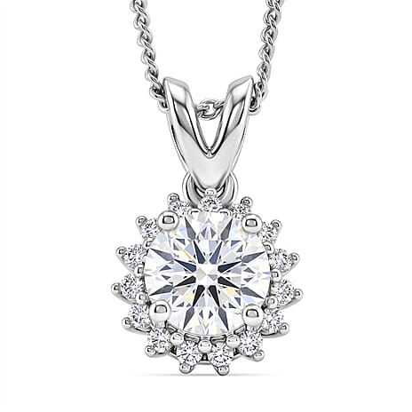 D'Joy Moissanite GRA Certified Double Halo Hearts & Arrows Cut Pendant with Chain (Size 18) in Rhodium Overlay Sterling Silver 1.20 Ct.