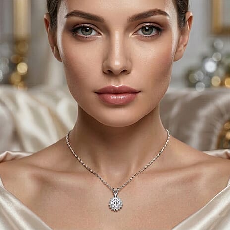 D'Joy - GRA Certified (D-VVS1) Moissanite Double Halo Hearts & Arrows Cut Pendant with Chain (Size 18) in Rhodium Overlay Sterling Silver 1.20 Ct.