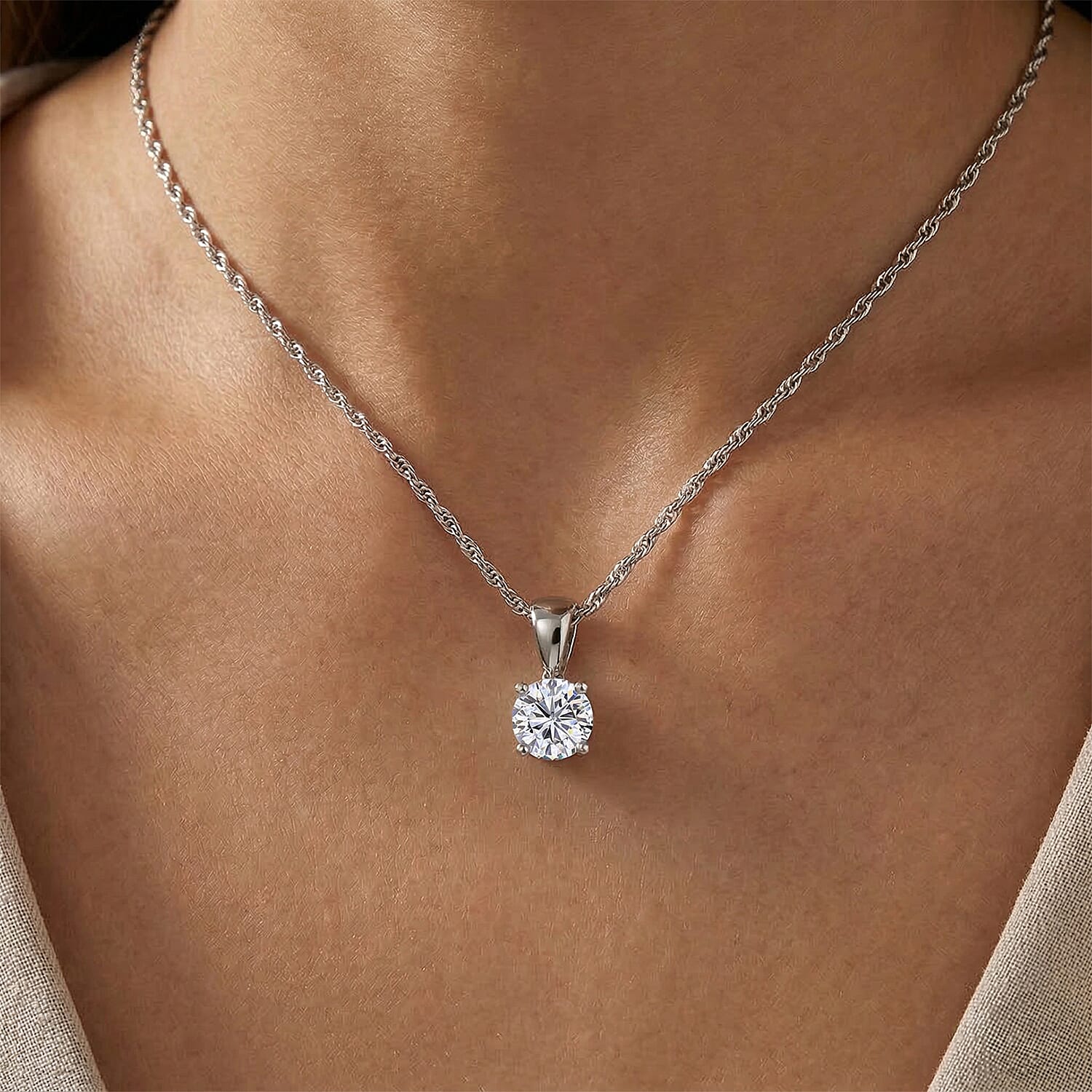 D'Joy Moissanite GRA Certified Solitaire Pendant with Chain (Size 18) in Rhodium Overlay Sterling Silver 1.00 Ct.