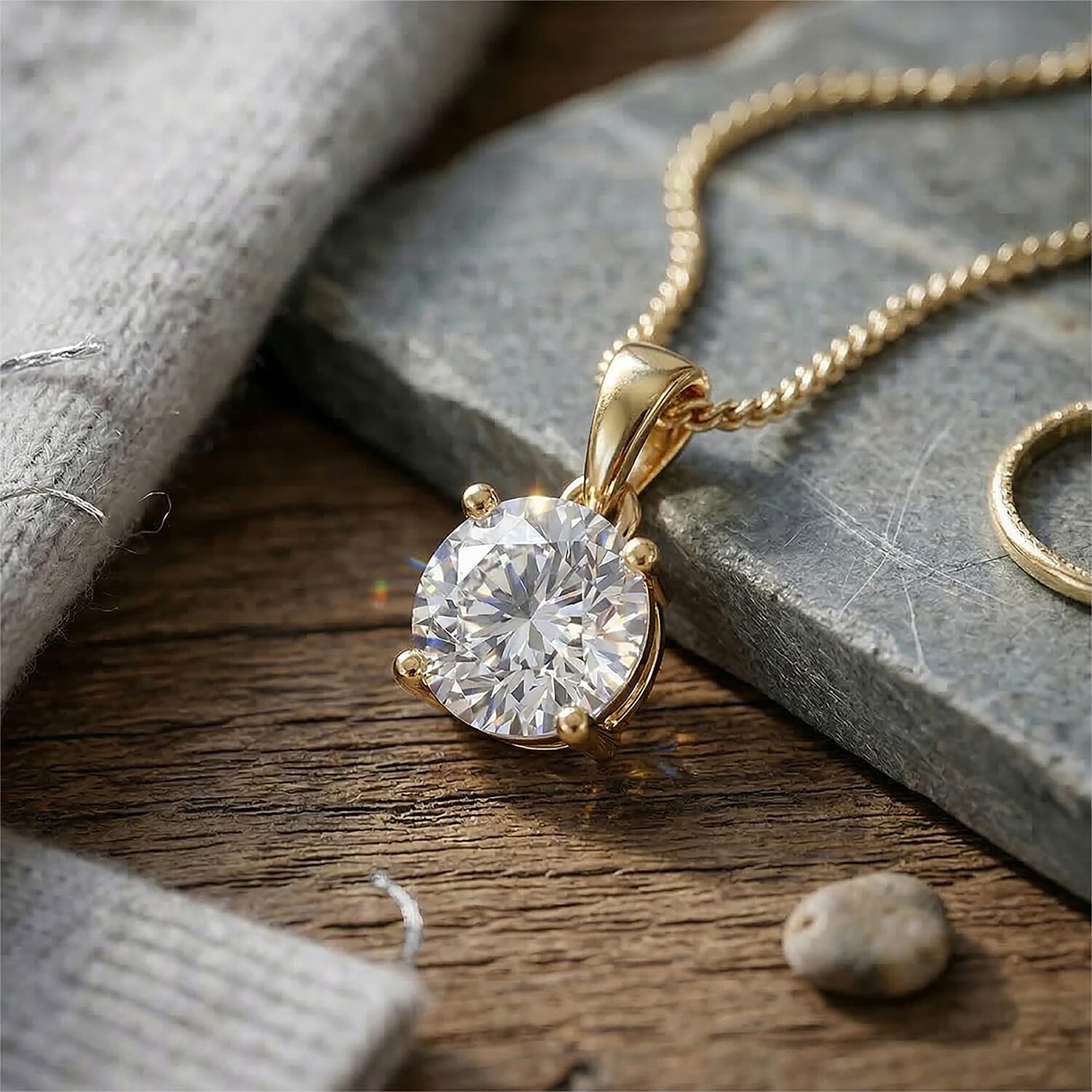 Moissanite Solitaire Pendant with Chain (Size 18) in Yellow Gold Plated Sterling Silver 1.00 Ct.