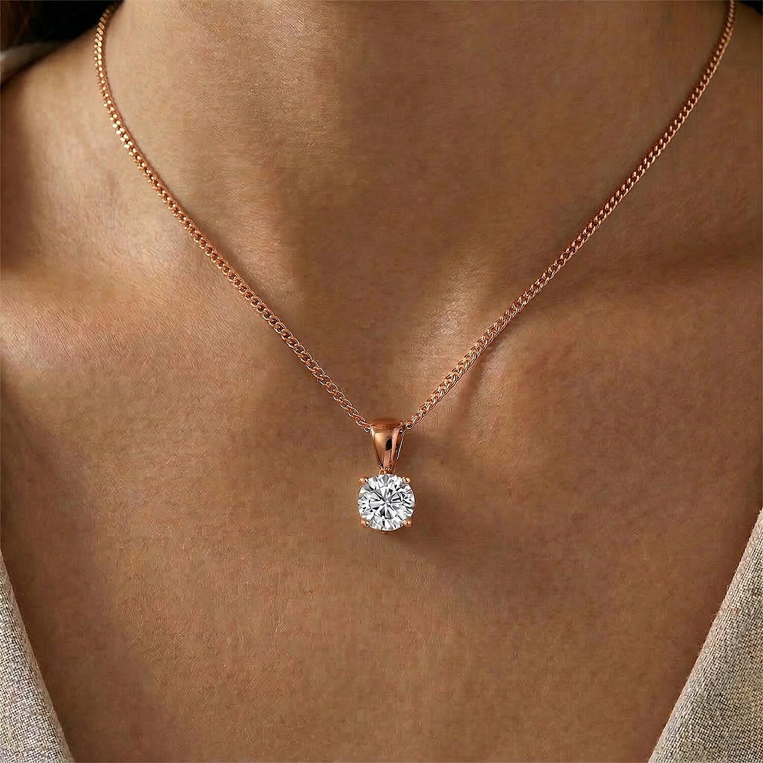 Moissanite Solitaire Pendant with Chain (Size 18) in Rose Gold Plated Sterling Silver 1.00 Ct.
