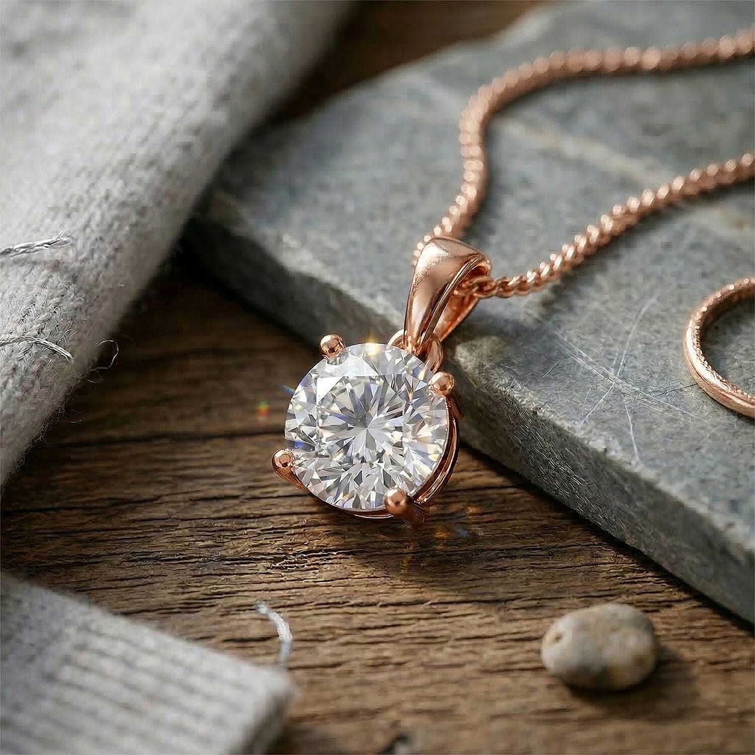 Moissanite Solitaire Pendant with Chain (Size 18) in Rose Gold Plated Sterling Silver 1.00 Ct.