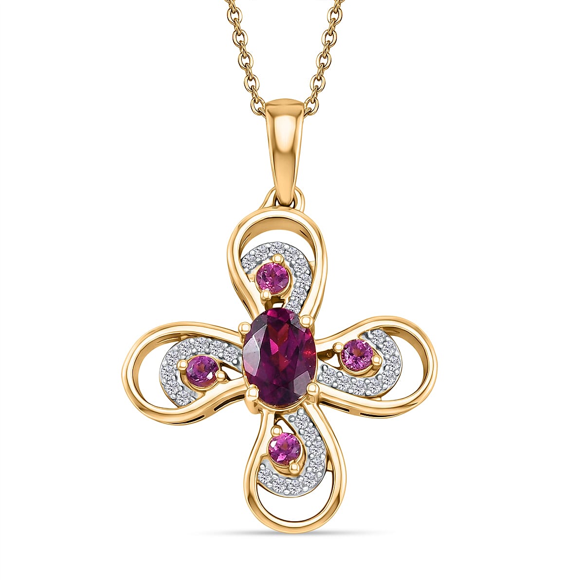 D'Joy Rhodolite Garnet & White Zircon Pendant with Chain (Size 20)  in Yellow Gold Plated Sterling Silver 1.55 Ct.