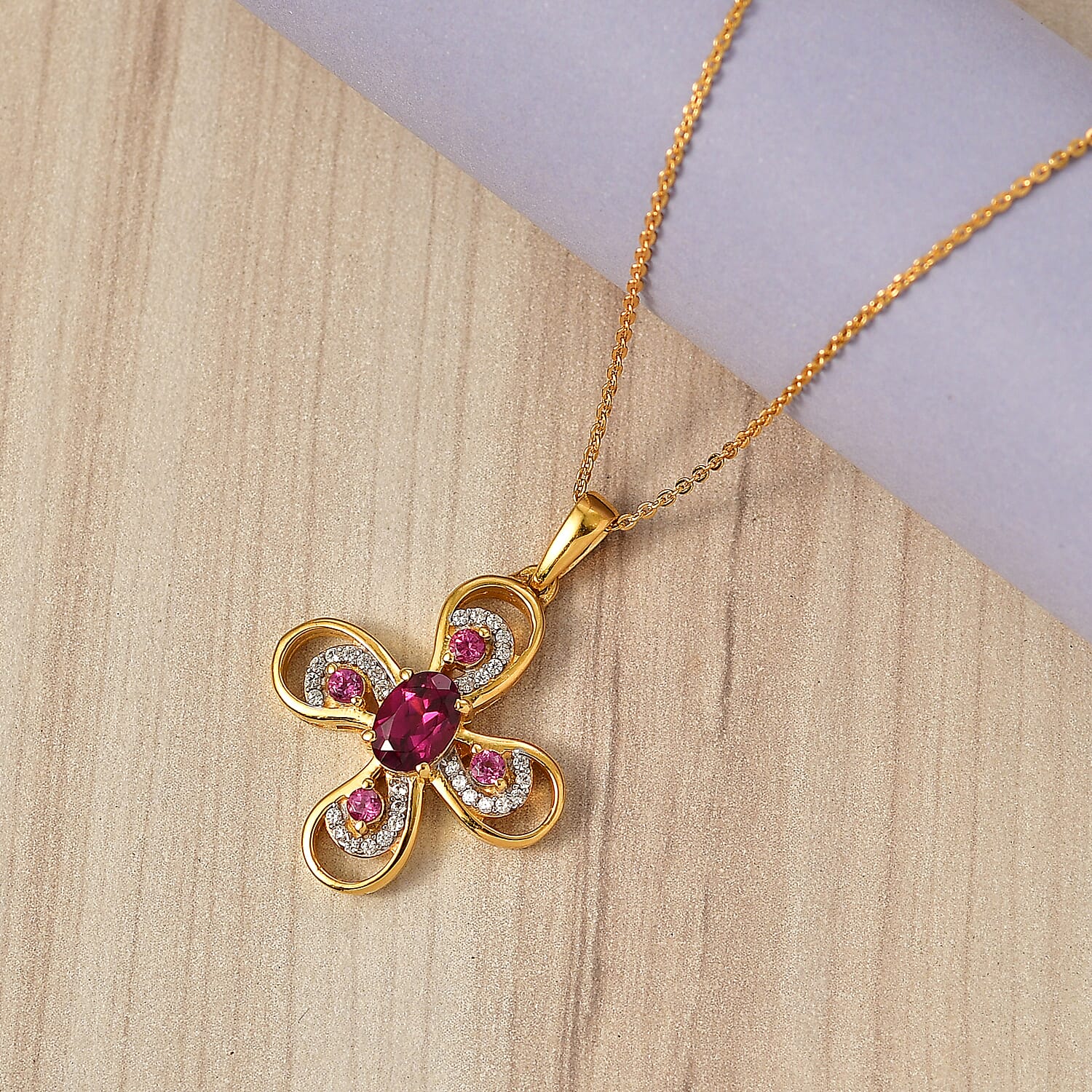 D'Joy Rhodolite Garnet & White Zircon Pendant with Chain (Size 20)  in Yellow Gold Plated Sterling Silver 1.55 Ct.