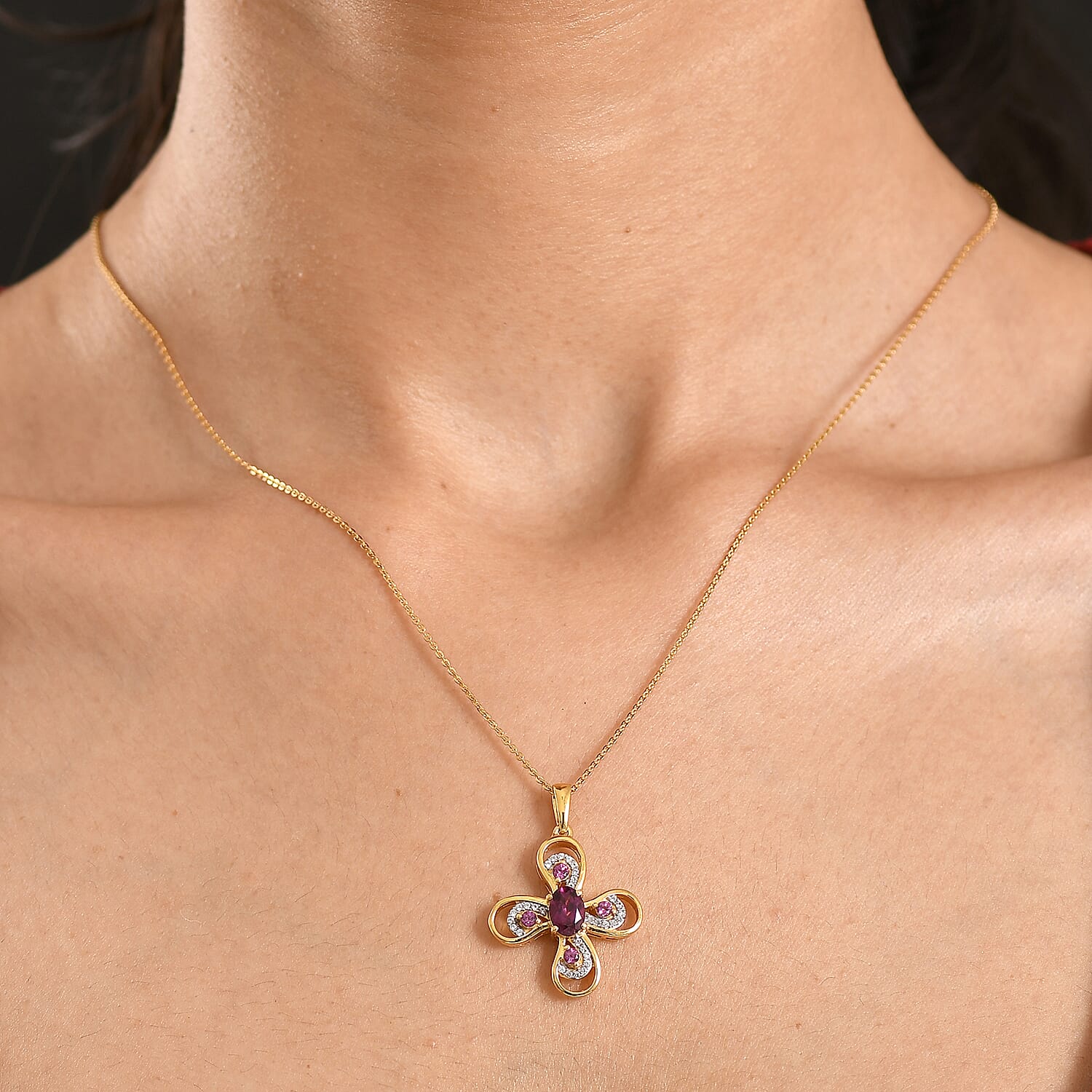 D'Joy Rhodolite Garnet & White Zircon Pendant with Chain (Size 20)  in Yellow Gold Plated Sterling Silver 1.55 Ct.