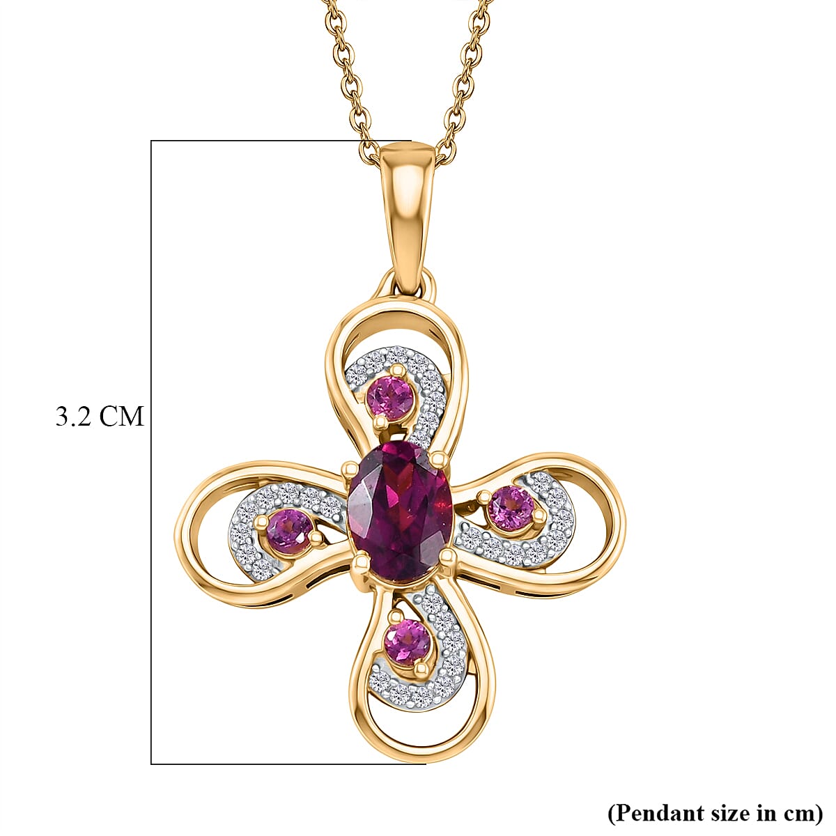 D'Joy Rhodolite Garnet & White Zircon Pendant with Chain (Size 20)  in Yellow Gold Plated Sterling Silver 1.55 Ct.