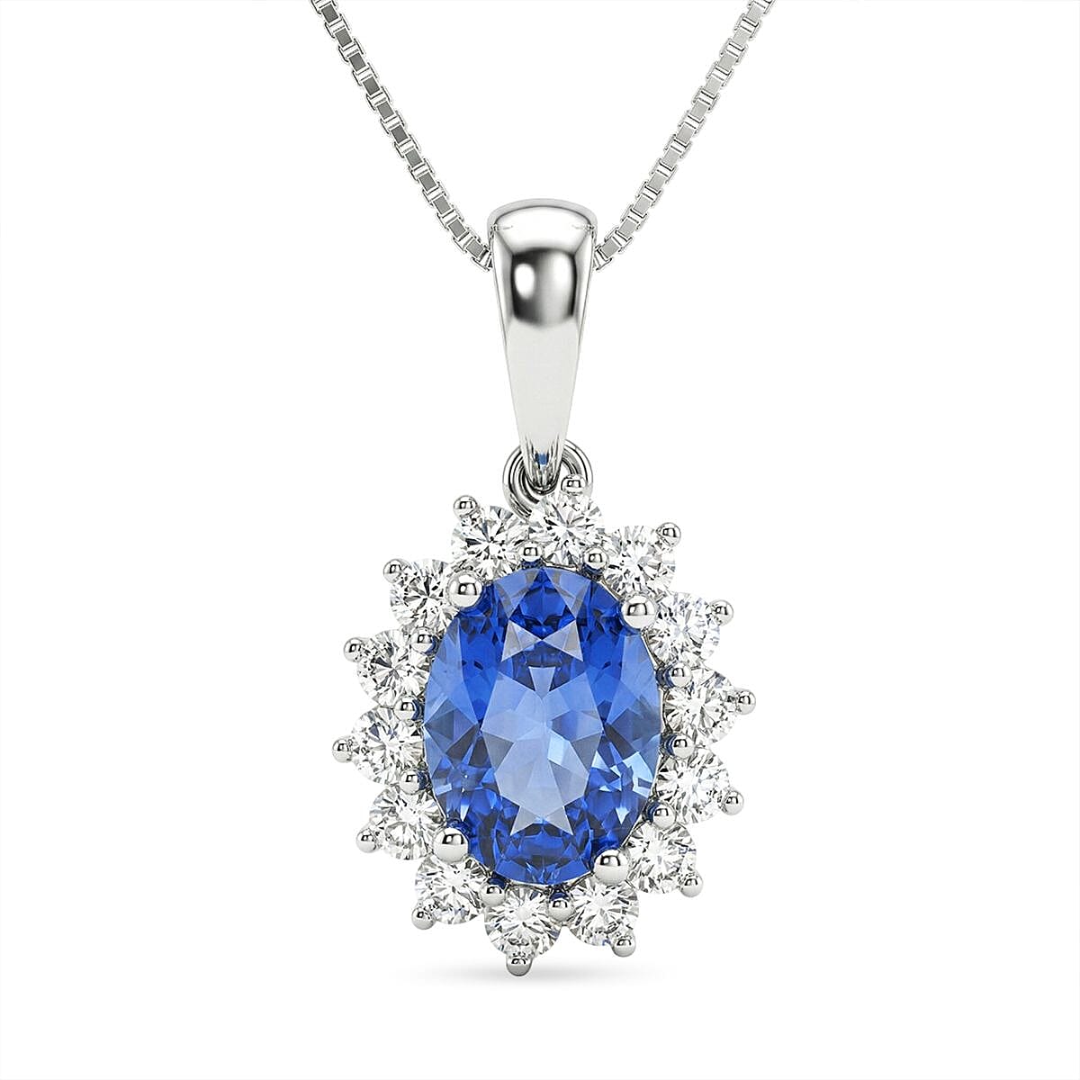 AAA Tanzanite & Lab Grown Diamond (SI-GH) Halo Pendant with Chain (Size 20) in Rhodium Overlay Sterling Silver 1.30 Ct.